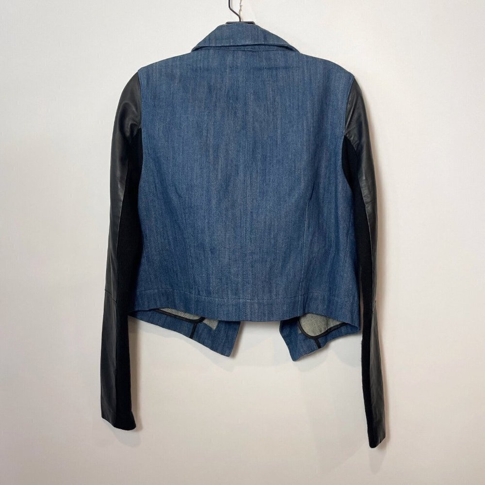 Veda Womens Moto Denim Jacket Leather Sleeve Blue‎ S Wool Waterfall Blazer Crop - Picture 3 of 6